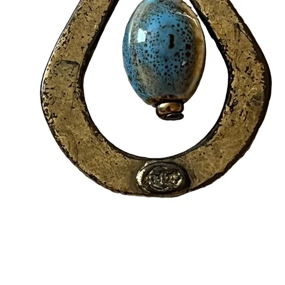 Premier Designs Brass Tone Blue Drop Bead Loop Earrings - Picture 4 of 5